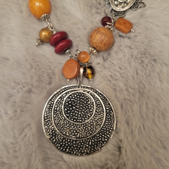 Medallion Pendant Brown Orange Silver Beaded Necklace - Picture 3 of 6